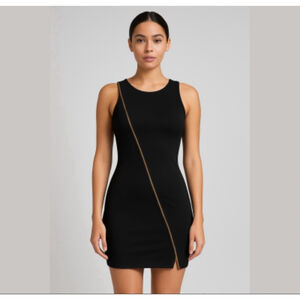 Superfoxx bodycon black mini dress front asymmetric zipper Stretchy Sz S